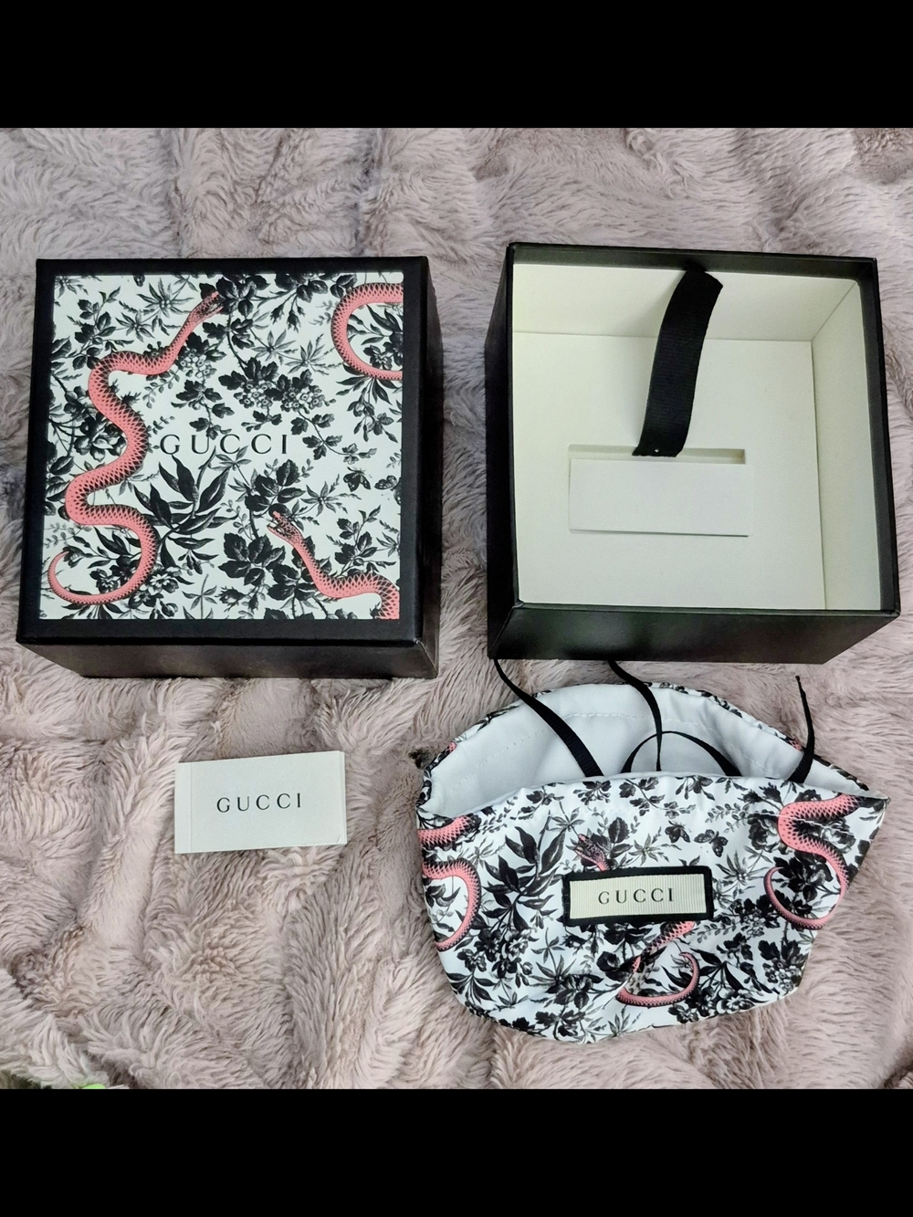 Gucci Floral Snake Box & Drawstring Pouch - Black & White with Pink Accents